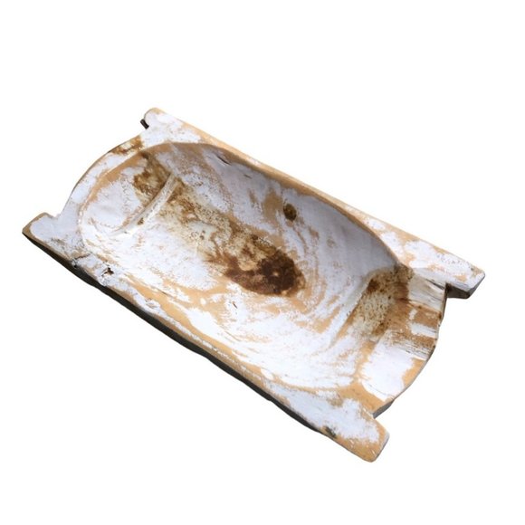 Wood Dough Bowl Small w/Handles White Wash 10x6x2 - Picture 2 of 10